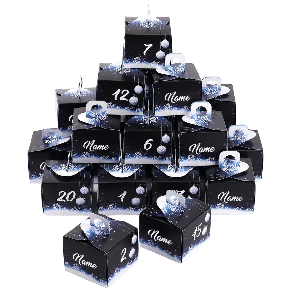 DIY-Adventskalender mit weihnachtlichem Motiv in blau und Wunschname