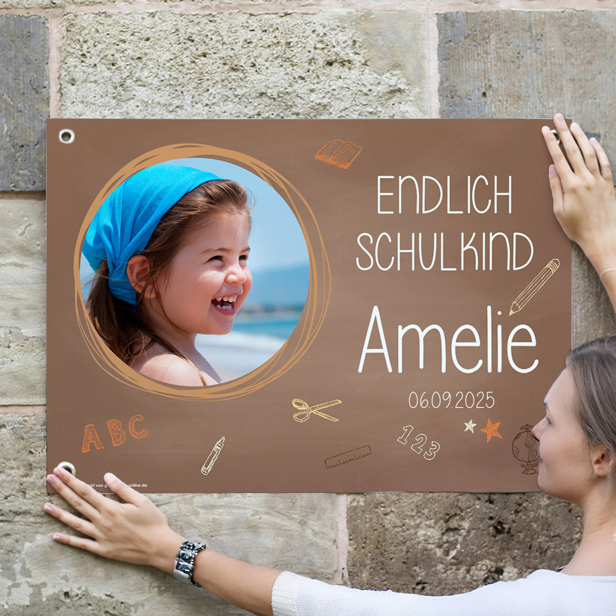 braunes bedrucktes Foto-Banner zur Einschulung