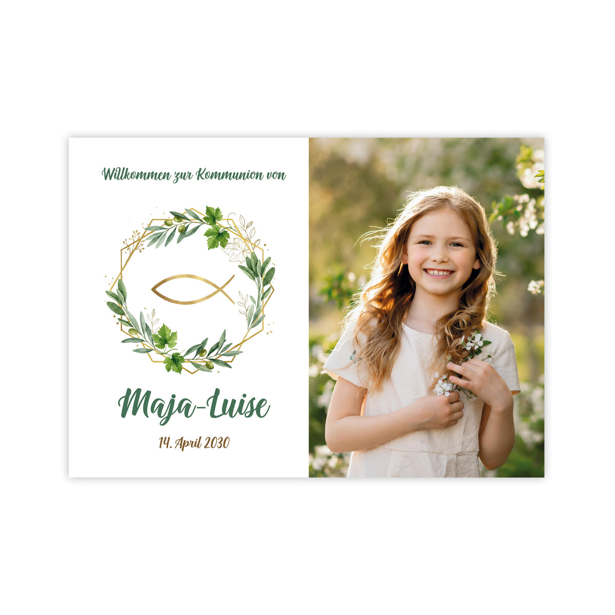 Personalisiertes Banner mit Foto zur Kommunion mit Fisch, Zweigen, Name, Datum und Olivenzweigen
