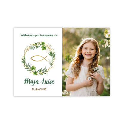 Personalisiertes Banner mit Foto zur Kommunion mit Fisch, Zweigen, Name, Datum und Olivenzweigen