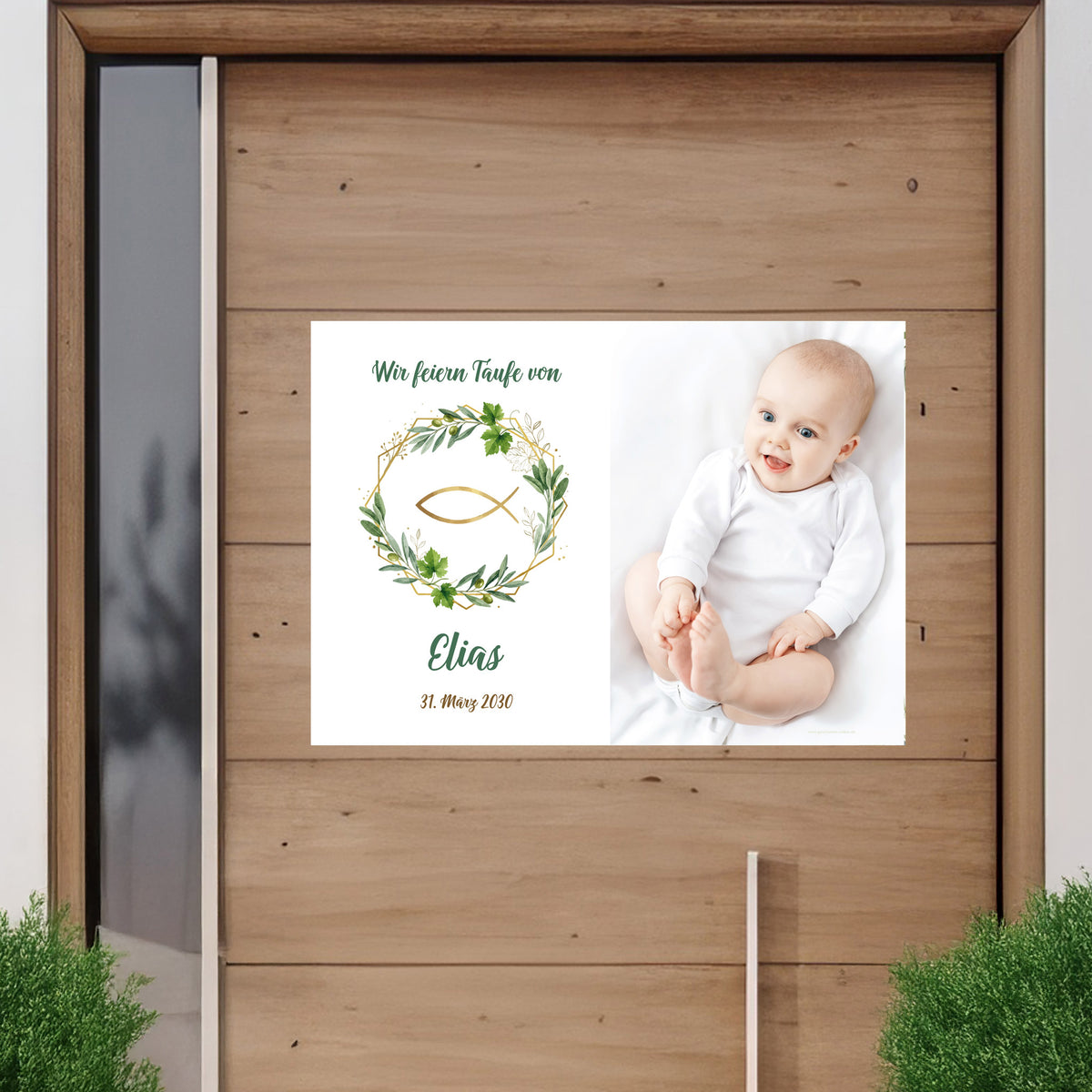Personalisiertes Banner mit Foto zur Taufe mit Fisch, Blätterkranz , für Innen und Outdoor
