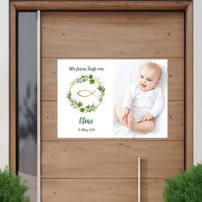 Personalisiertes Banner mit Foto zur Taufe mit Fisch, Blätterkranz , für Innen und Outdoor
