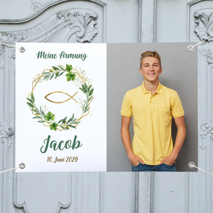 Personalisiertes Banner mit Foto zur Taufe, Kommunion, Konfirmation oder Firmung | Design mit Zweigen