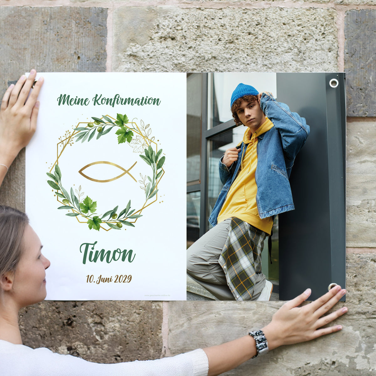 Personalisiertes Banner mit Foto zur Konfimation mit Fisch, Blätterkranz und Name