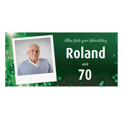 Fotobanner in grün mit Name, Alter und Spruch