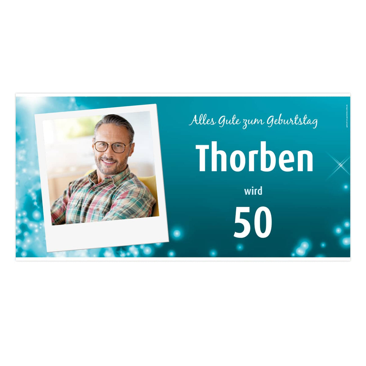 Partybanner zum Geburtstag in hellblau mit Foto, Name & Wunschalter