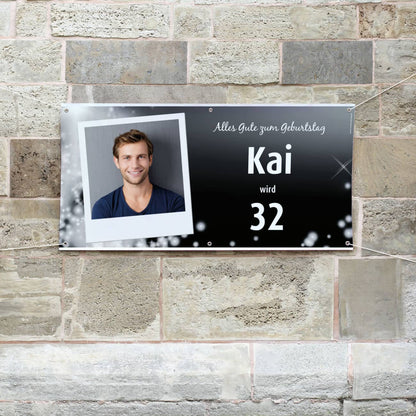 Modernes schwarzes Geburtstagsbanner mit Spruch, Foto im Polaroid und Ihren Wunschangaben