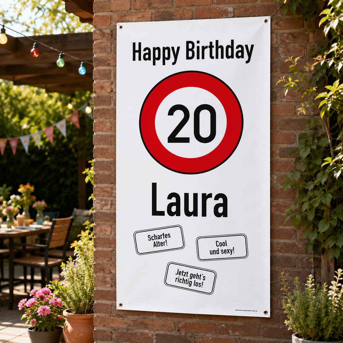 XXL-Banner zum 20. Geburtstag im Hochformat personalisiert mit Name | Verkehrszeichen Motiv