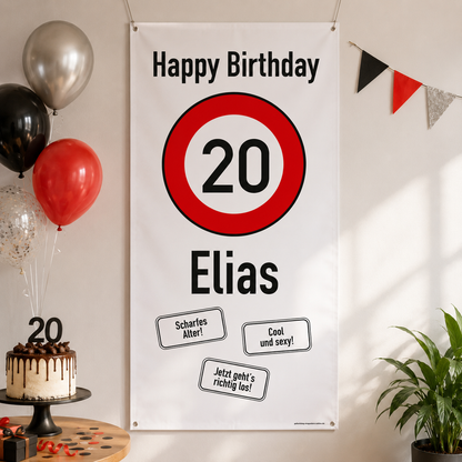 XXL-Banner zum 20. Geburtstag im Hochformat personalisiert mit Name | Verkehrszeichen Motiv
