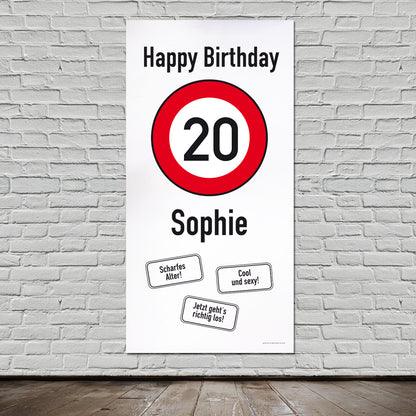 XXL-Banner zum 20. Geburtstag im Hochformat personalisiert mit Name | Verkehrszeichen Motiv
