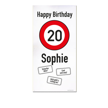 XXL-Banner zum 20. Geburtstag im Hochformat personalisiert mit Name | Verkehrszeichen Motiv