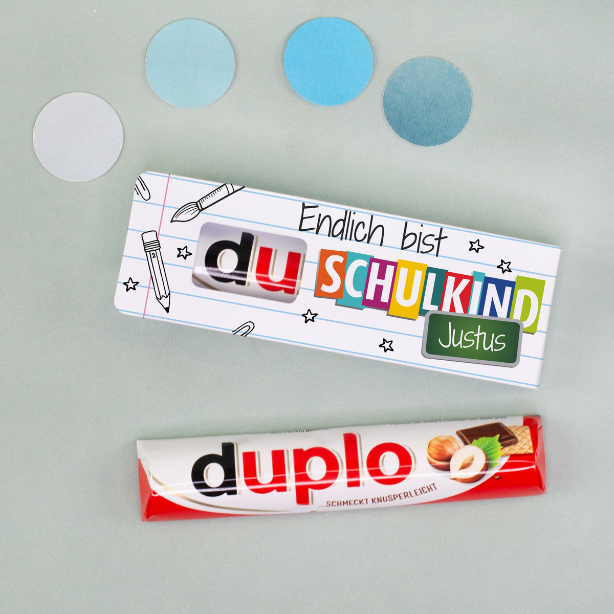 duplo Riegel mit Einschulungs Motiv und Name Justus als Geschenk zum Schulanfang