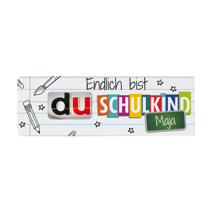 Personalisierte Einschulungs Verpackung für duplo Riegel mit Name Maja und Schulkind Motiv