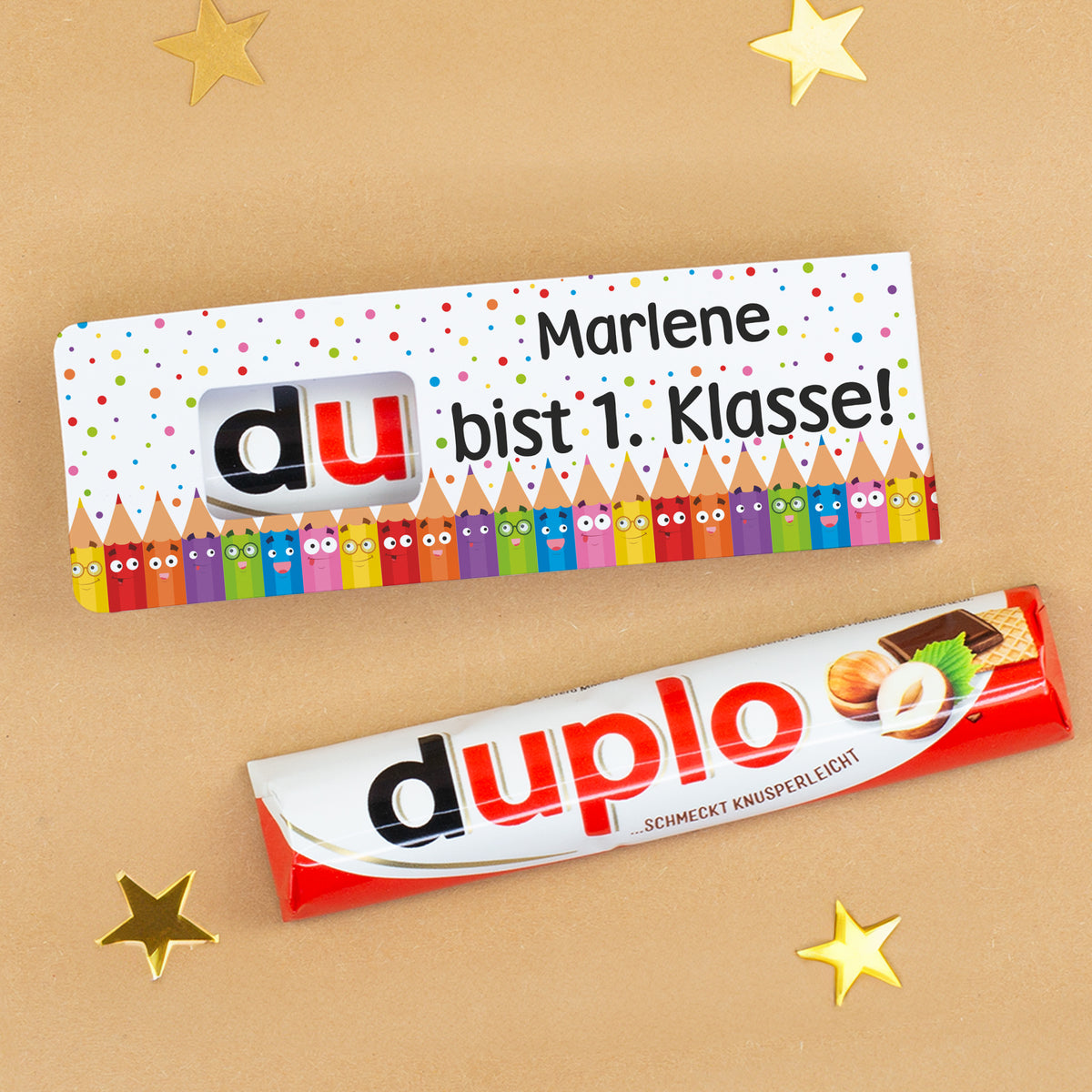 duplo Riegel mit Buntstift Motiv zur Einschulung | Geschenk mit Name für Schultüte & 1. Klasse
