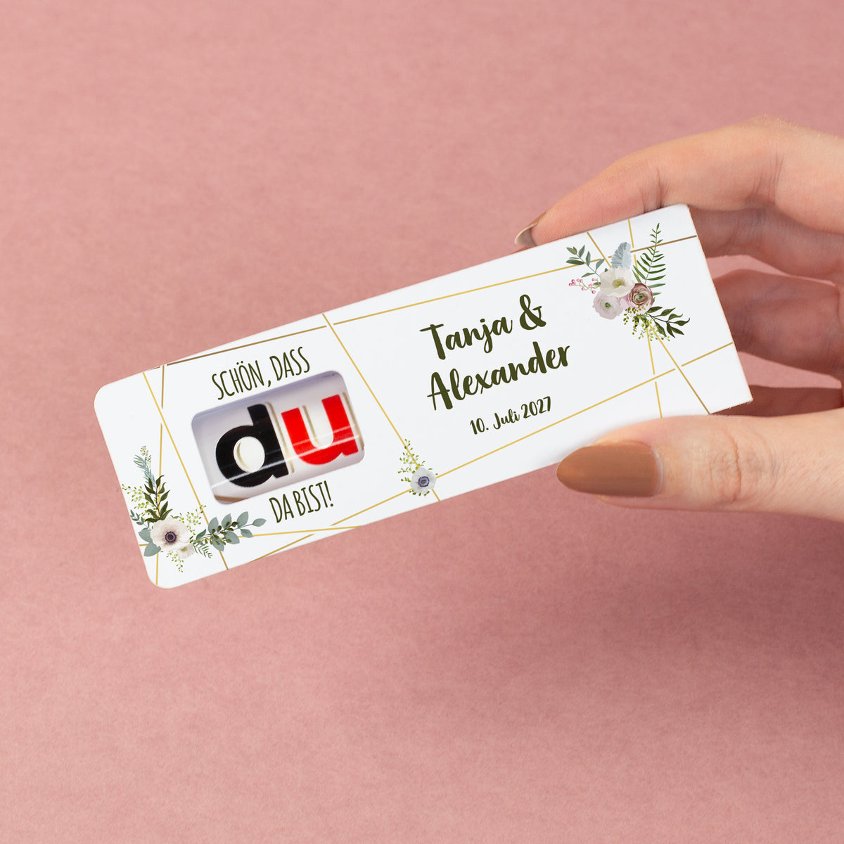 Personalisierter duplo Riegel als Gastgeschenk zur Hochzeit mit Namen & Datum | Schön, dass du da bist!