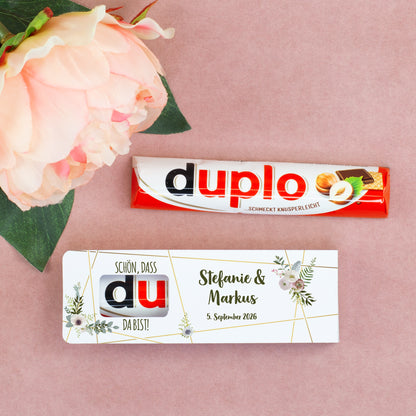 Personalisierter duplo Riegel als Gastgeschenk zur Hochzeit mit Namen & Datum | Schön, dass du da bist!