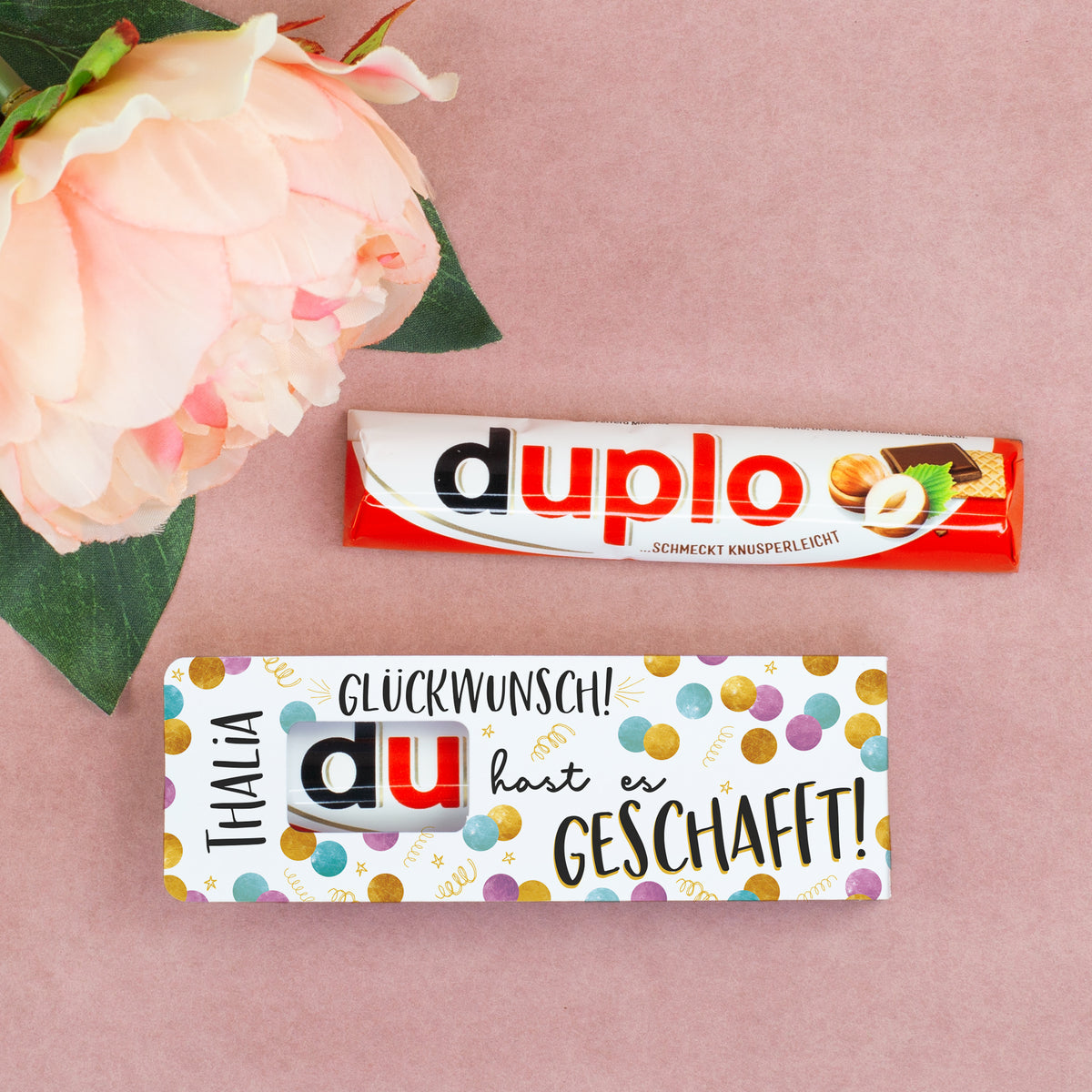 duplo Riegel mit Name Thalia und Konfetti Motiv Glückwunsch du hast es geschafft