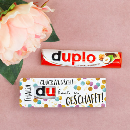 duplo Riegel mit Name Thalia und Konfetti Motiv Glückwunsch du hast es geschafft