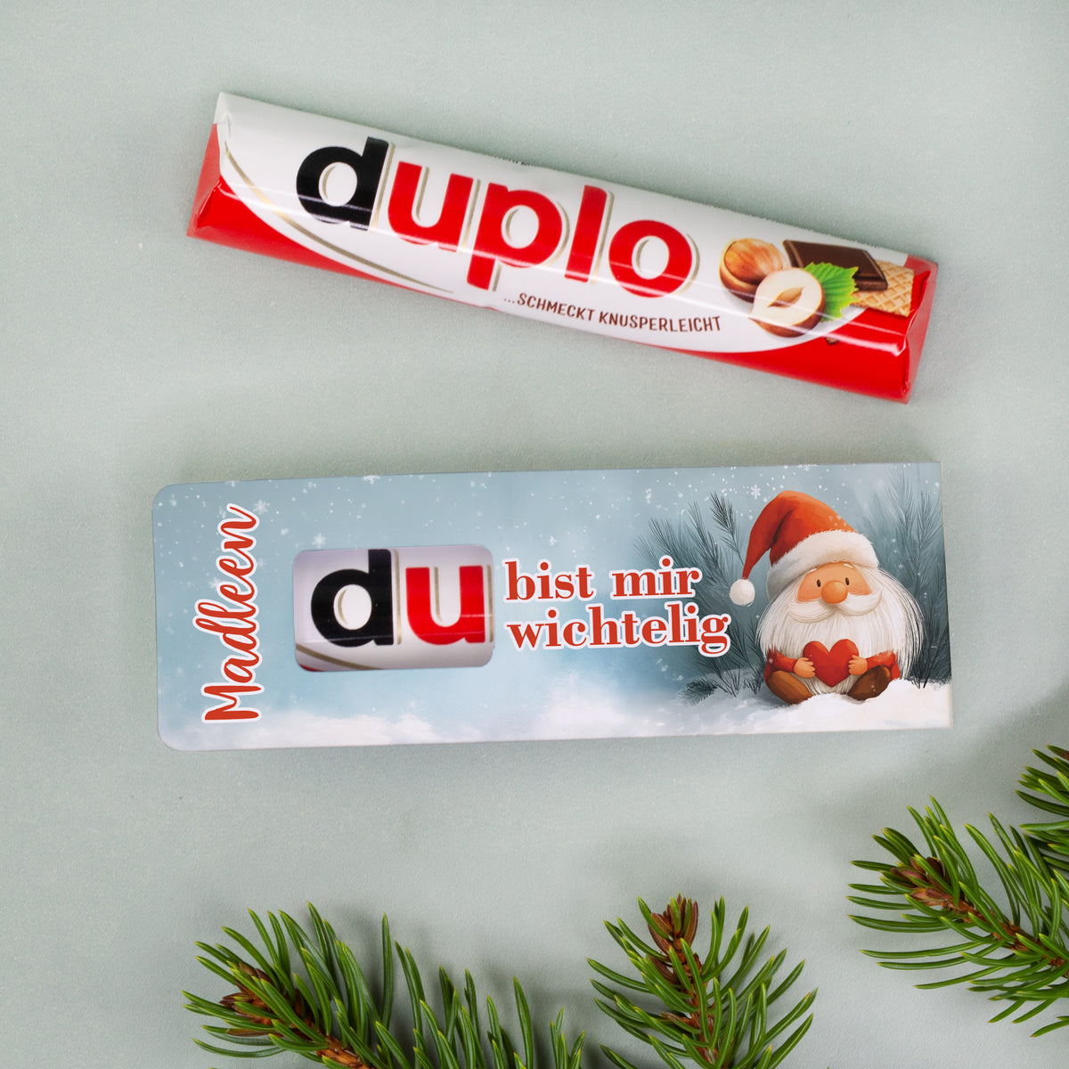 Personalisierter duplo Riegel „Du bist mir wichtelig“ mit Name und Weihnachtswichtel Motiv