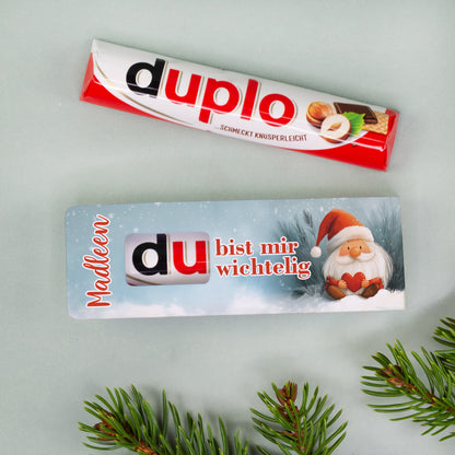 Personalisierter duplo Riegel „Du bist mir wichtelig“ mit Name und Weihnachtswichtel Motiv