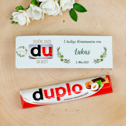 Personalisierter duplo Riegel Gastgeschenk Kommunion mit Name Lukas und Datum im Olivenzweig Design