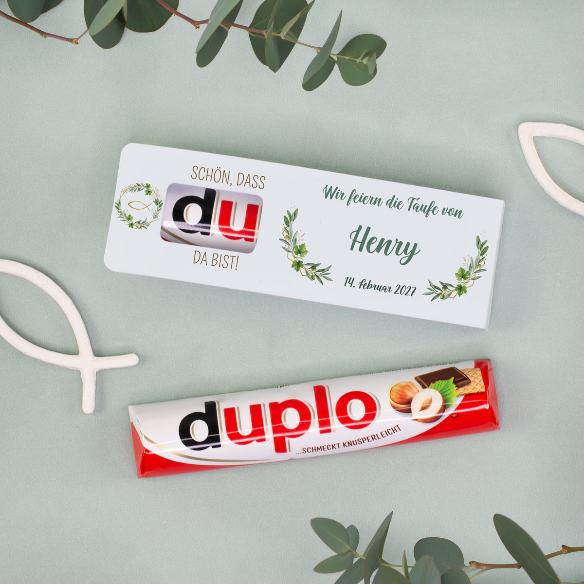 Personalisierter duplo Riegel zur Taufe mit Name Henry und Datum als Gastgeschenk