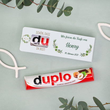 Personalisierter duplo Riegel zur Taufe mit Name Henry und Datum als Gastgeschenk