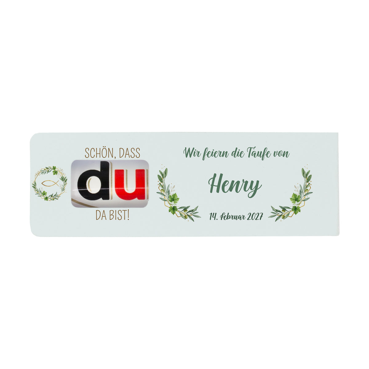 duplo Gastgeschenk Taufe personalisiert mit Eukalyptus Design und Anlassdruck