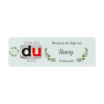 duplo Gastgeschenk Taufe personalisiert mit Eukalyptus Design und Anlassdruck