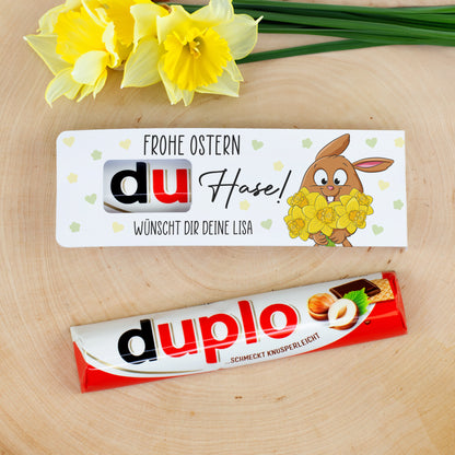 Personalisierter duplo Riegel zu Ostern mit Hasenmotiv und Spruch Frohe Ostern du Hase in Osterverpackung