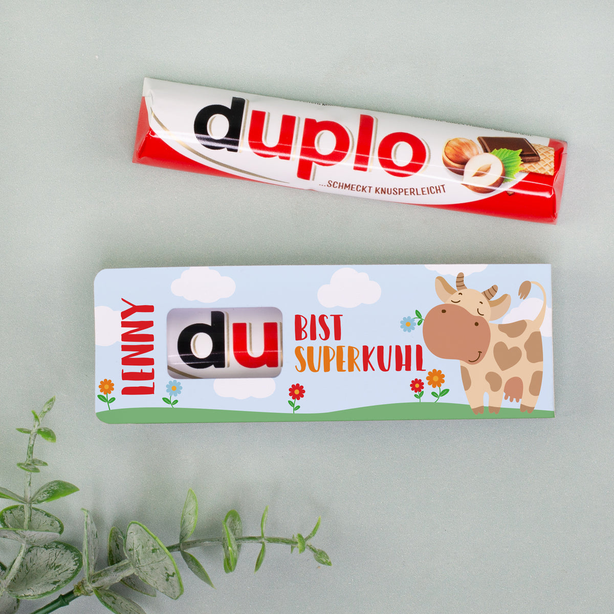 Personalisierter duplo Riegel „Du bist superkuhl“ mit Kuh-Design und Kindername
