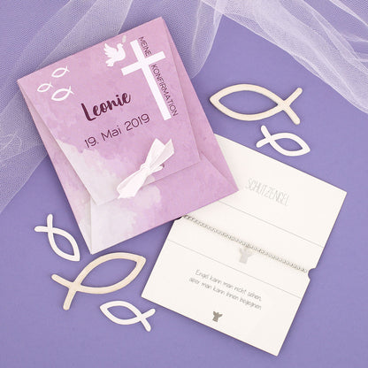 Schutzengel Armband zur Konfirmation in personalisierter Geschenkverpackung in Lila