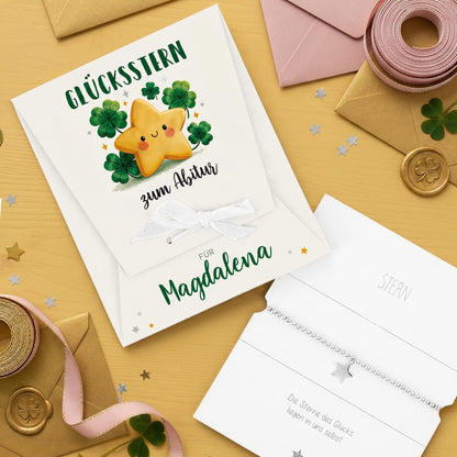 Personalisierter Glücksstern zum Abitur mit Name Magdalena, Sternarmband und weißer Geschenkverpackung