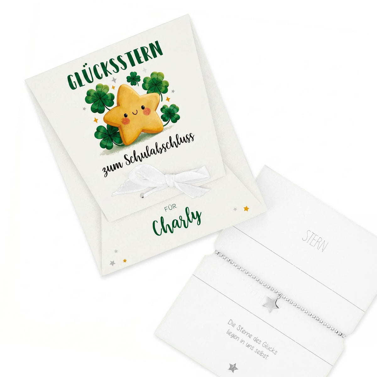 Glücksstern Geschenk zum Geburtstag mit Name Sophia, Kleeblatt-Motiv, Stern und weißer Schleife