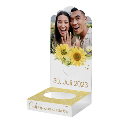 Romantischer DIY-Foto-Aufsteller für Gastgeschenke zur Hochzeit mit Sonnenblumen, Begrüßungsspruch und Datum