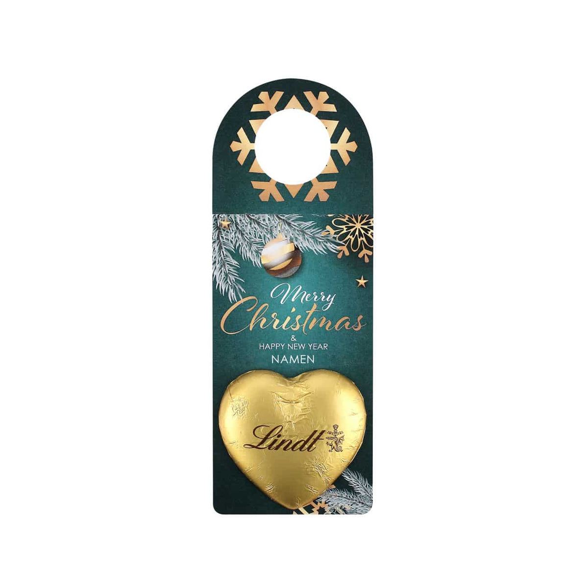 kleiner Flaschenanhänger mit Lindt-Schokolade und Wunschnamen zu Weihnachten