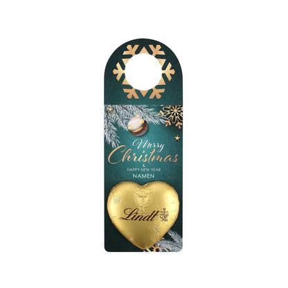 kleiner Flaschenanhänger mit Lindt-Schokolade und Wunschnamen zu Weihnachten