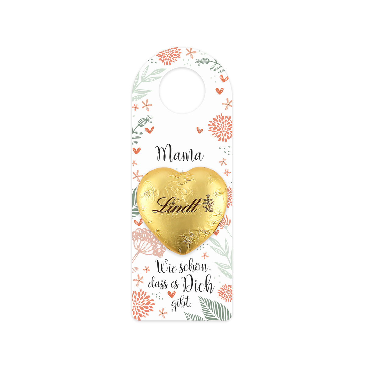 Kleiner Flaschenanhänger mit floraler Gestaltung und Lindt Schokoladenherz – freigestellt auf weißem Hintergrund.