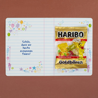 4er Set Gastgeschenk zur Einschulung | Haribo Goldbären im Klappkärtchen mit Name personalisiert