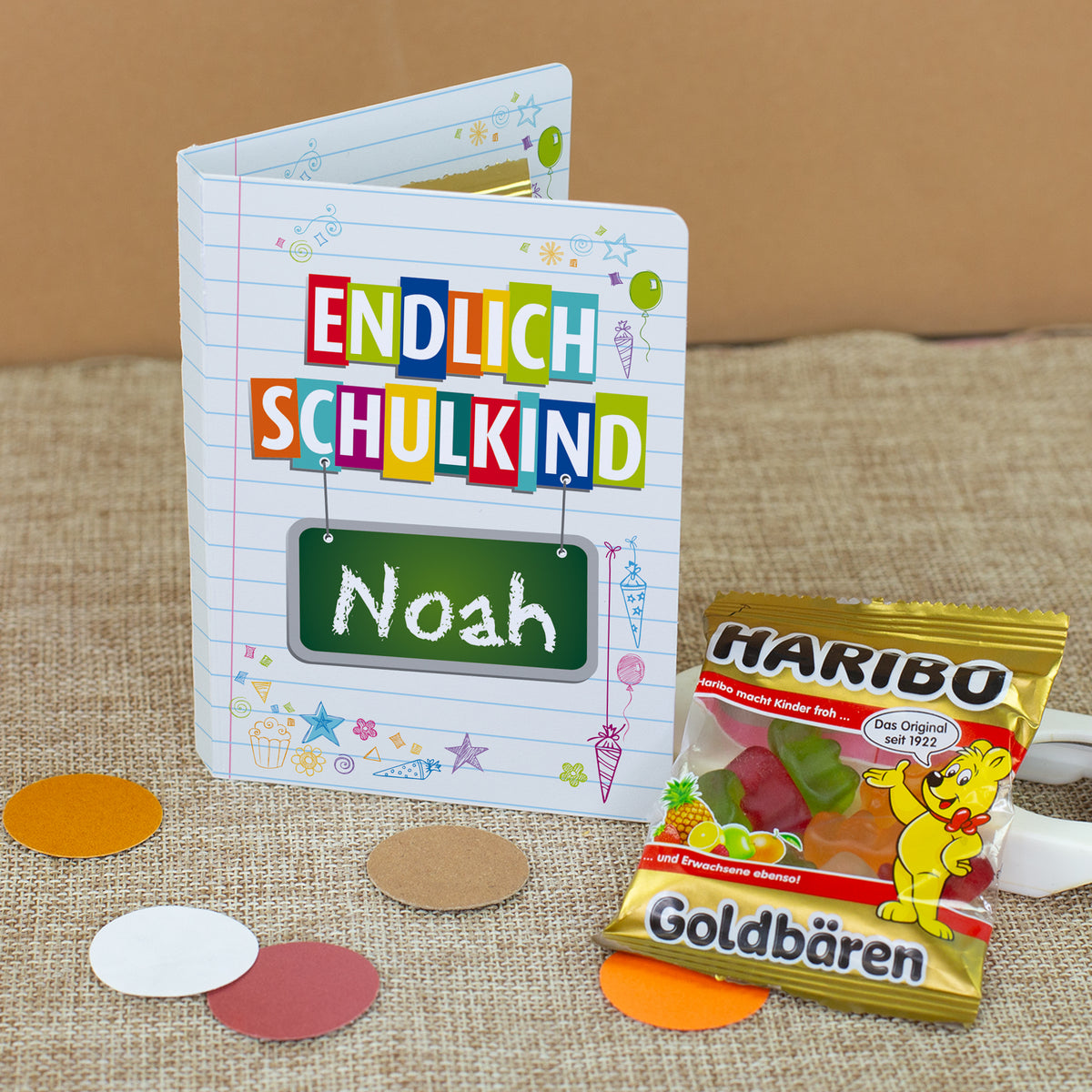 4er Set Gastgeschenk zur Einschulung | Haribo Goldbären im Klappkärtchen mit Name personalisiert