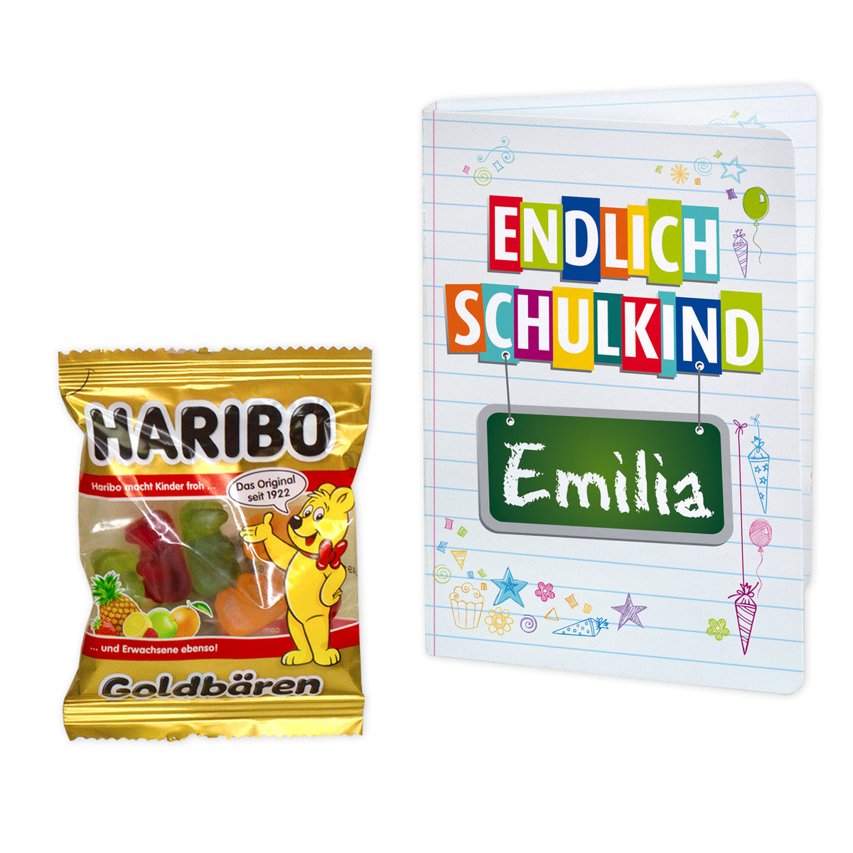 4er Set Gastgeschenk zur Einschulung | Haribo Goldbären im Klappkärtchen mit Name personalisiert