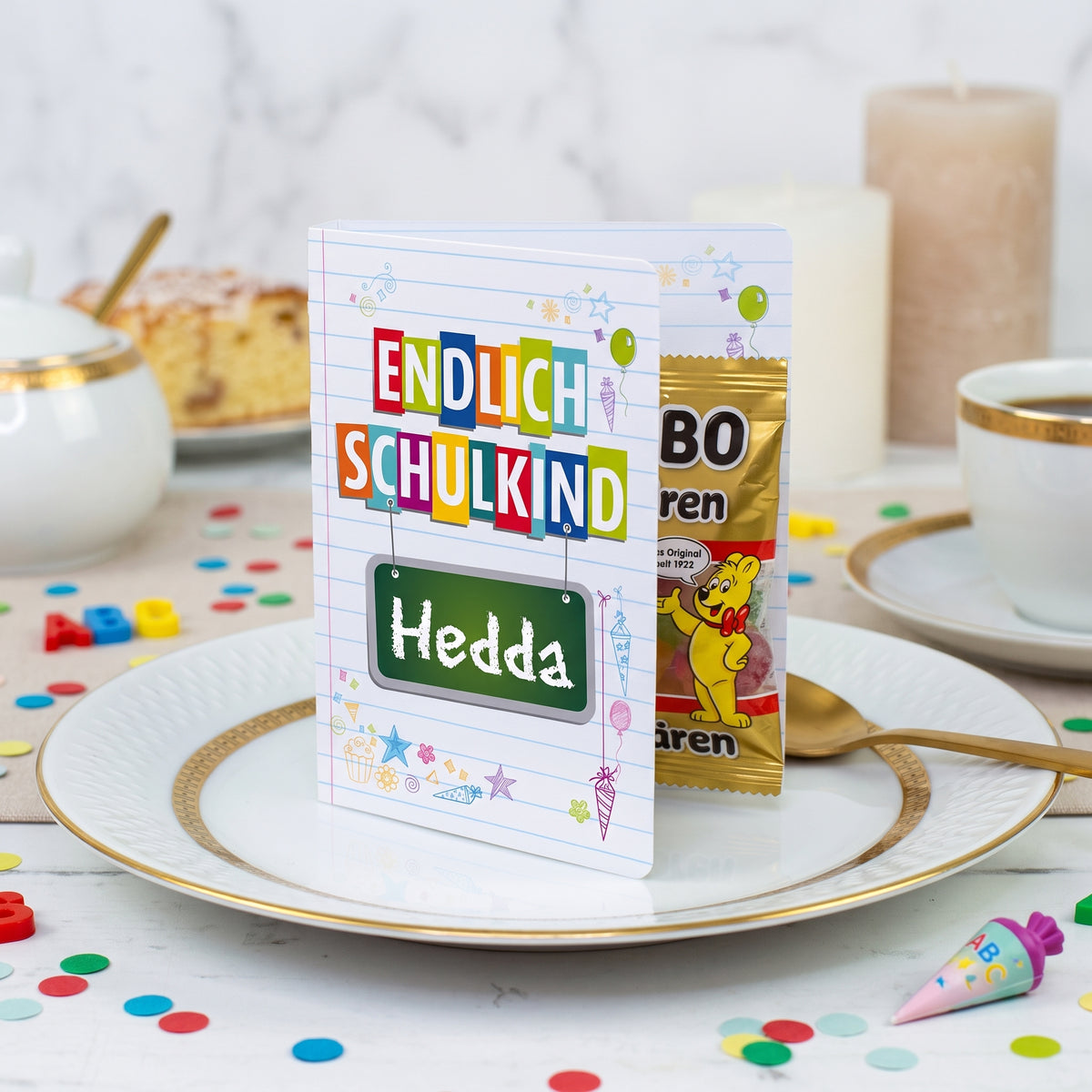 4er Set Gastgeschenk zur Einschulung | Haribo Goldbären im Klappkärtchen mit Name personalisiert