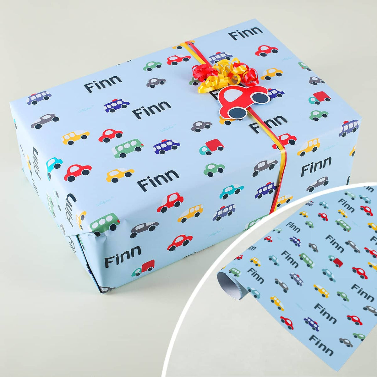 Geschenkpapier für Kinder mit Autos und Wunschname