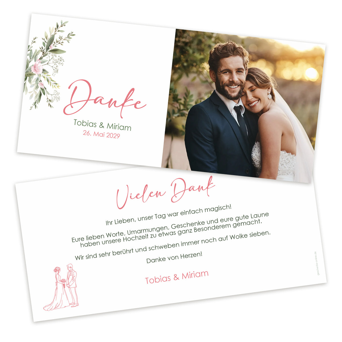 Personalisierte Dankeskarte zur Hochzeit mit Foto des Brautpaares und Blumenmotiv Vorderseite