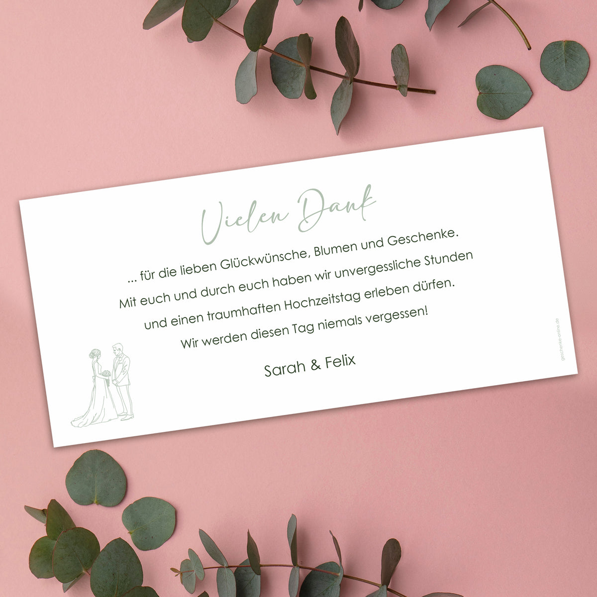 Rückseite der Dankeskarte Hochzeit mit persönlichem Dankestext und Namen des Brautpaares