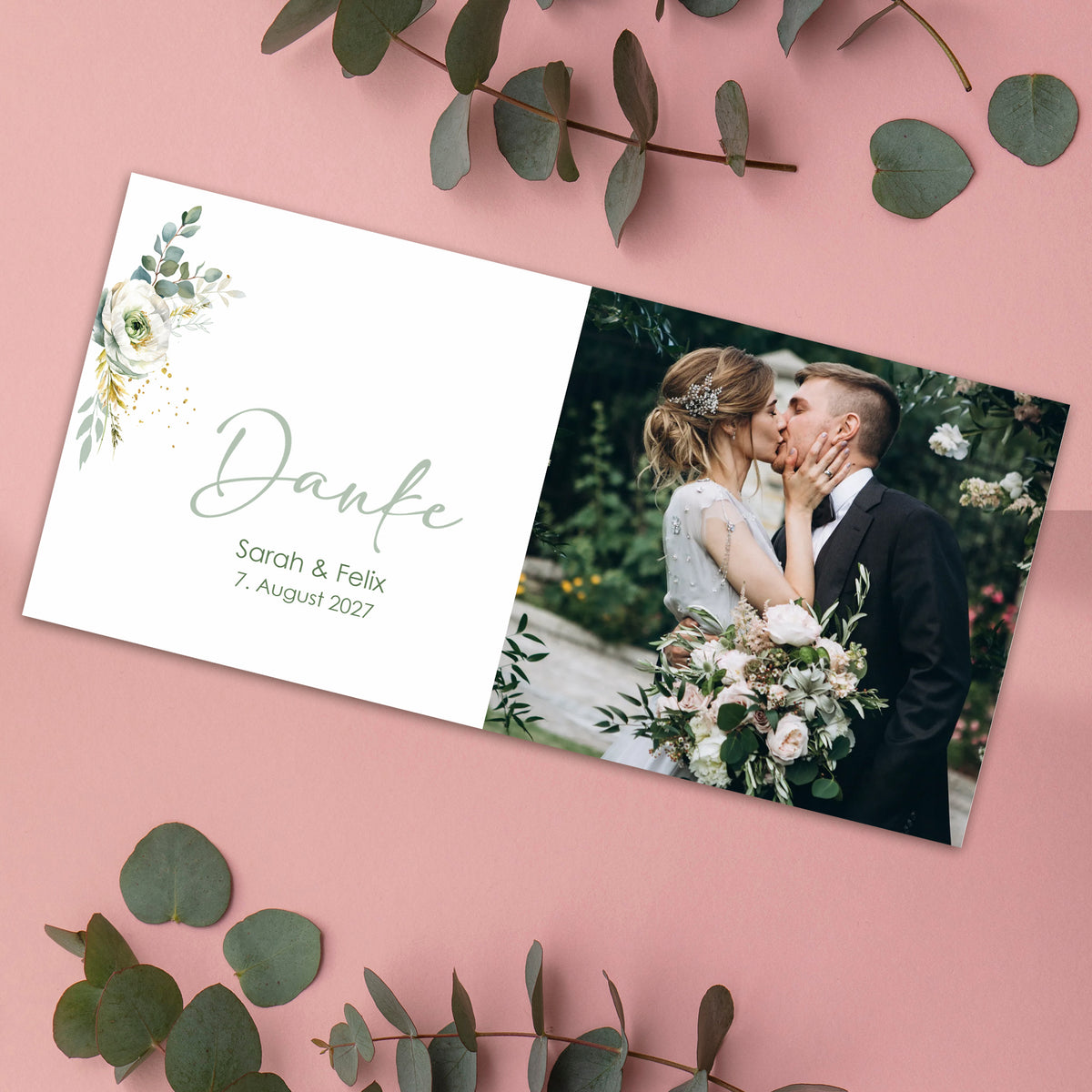 Dankeskarte Hochzeit mit Foto und Namen im eleganten floralen Design