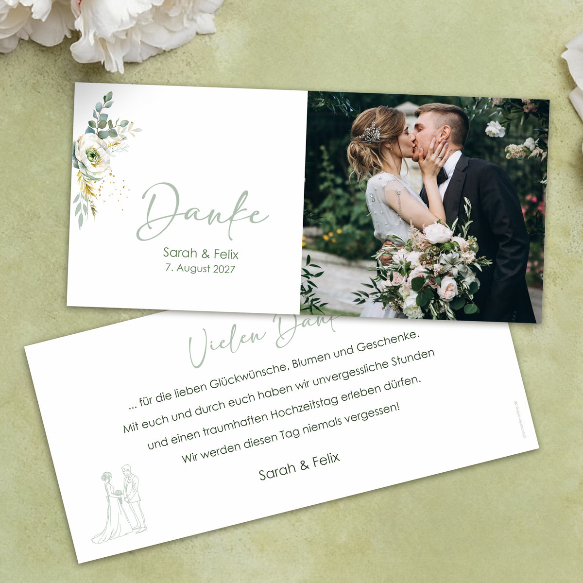 Dankeskarte Hochzeit DIN lang mit Foto, Blumenmotiv und individuellem Text