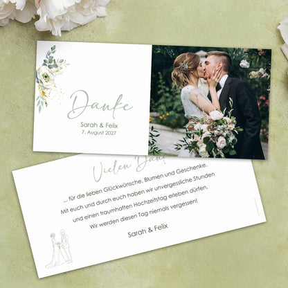 Dankeskarte Hochzeit DIN lang mit Foto, Blumenmotiv und individuellem Text