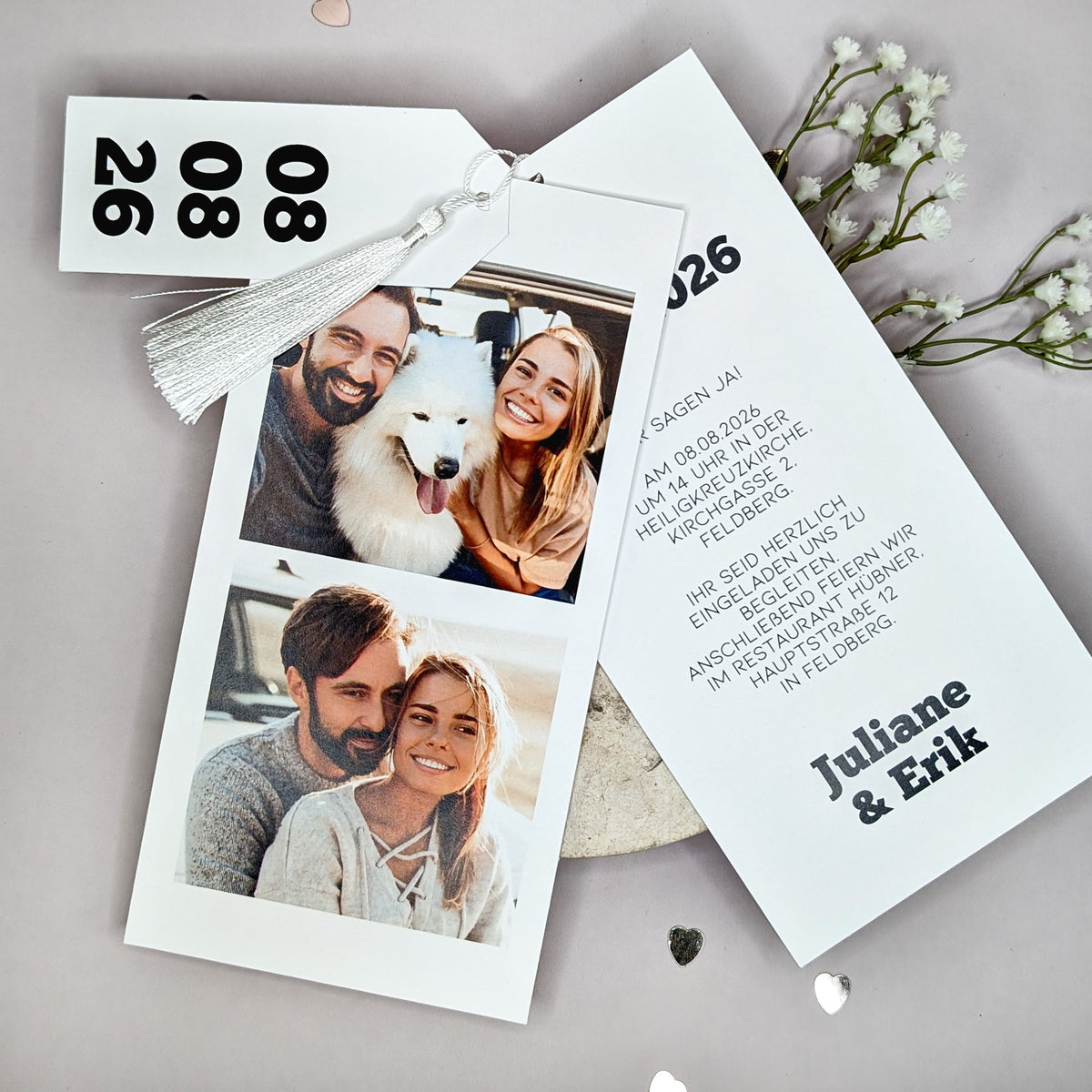 Hochzeitseinladung - modernes Kartentrio mit zwei Fotos