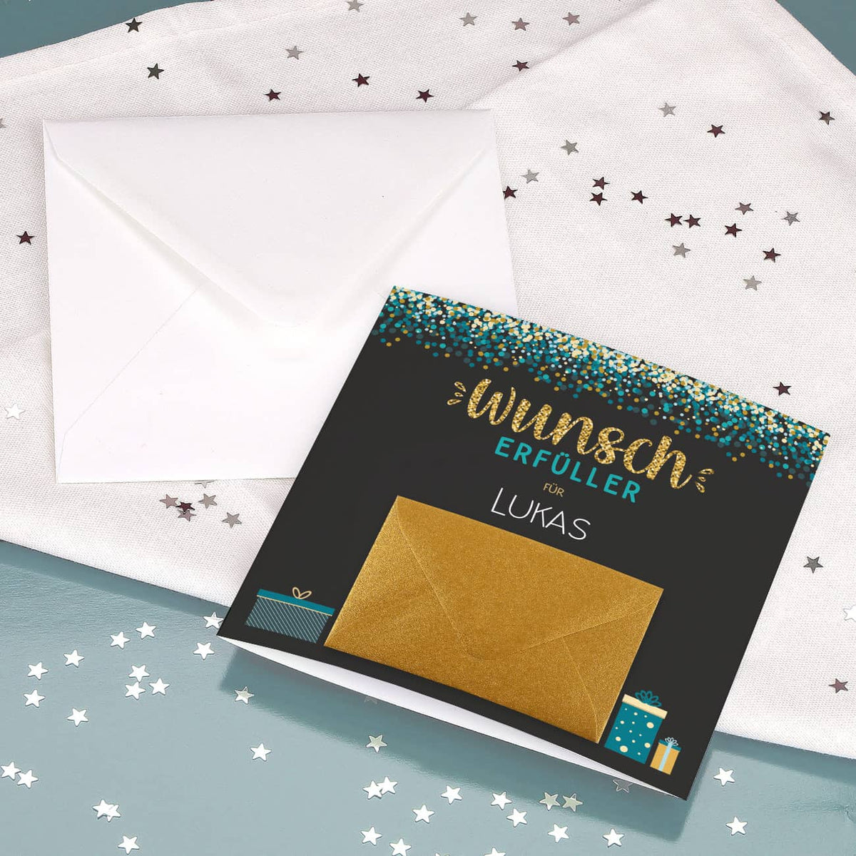 Wunscherfüller - Klappkarte für goldenem Umschlag für Geldscheine